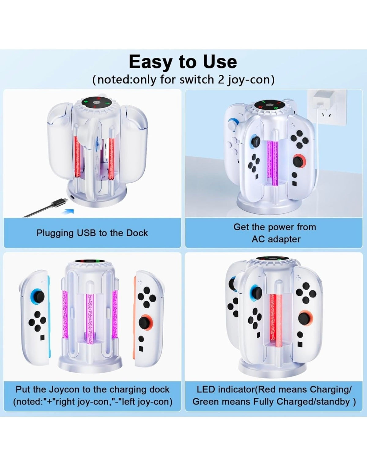 Nintendo Switch 2 RGB Joy-Con Fast Charger for 4 Joy-Con — White (New)